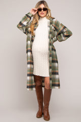 Olive Plaid Button Front Long Maternity Coat