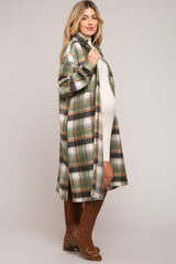 Olive Plaid Button Front Long Maternity Coat