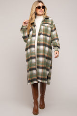 Olive Plaid Button Front Long Maternity Coat