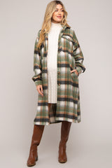 Olive Plaid Button Front Long Maternity Coat