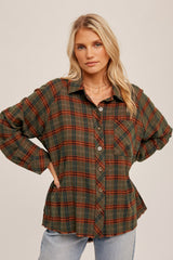 Olive Plaid Button Down Raw Edge Maternity Flannel Top