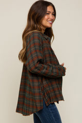 Olive Plaid Button Down Raw Edge Maternity Flannel Top