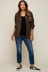 Olive Plaid Button Down Raw Edge Maternity Flannel Top