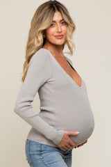 Heather Grey Ribbed V-Neck Long Sleeve Maternity Top