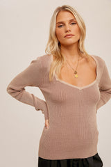 Mocha Ribbed V-Neck Long Sleeve Maternity Top