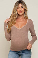 Mocha Ribbed V-Neck Long Sleeve Maternity Top