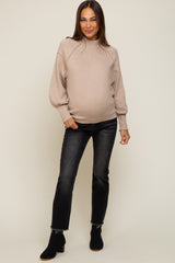 Beige Knit Long Sleeve Mock Neck Maternity Top