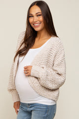 Beige Cropped Chunky Open Knit Maternity Cardigan