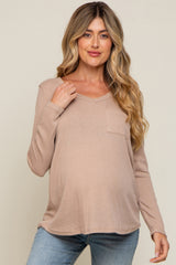 Beige Ribbed Knit Maternity Long Sleeve Top