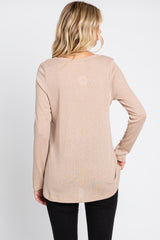 Beige Ribbed Knit Long Sleeve Top