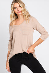 Beige Ribbed Knit Long Sleeve Top