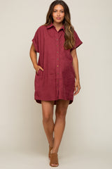 Burgundy Ribbed Button Down Maternity Mini Dress