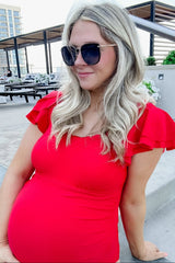 Red Scalloped Neck Ruffle Shoulder Maternity One-Piece Swimsuit