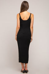 Black Ribbed Sleeveless Maternity Midi Dress