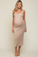 Taupe Ribbed Sleeveless Maternity Midi Dress