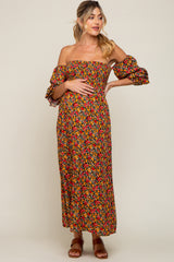 Red Floral Long Sleeve Maternity Maxi Dress