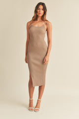 Mocha Ribbed Sleeveless Side Slit Maternity Midi Dress