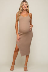 Mocha Ribbed Sleeveless Side Slit Maternity Midi Dress