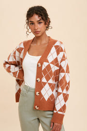 Camel Argyle Button Front Cardigan