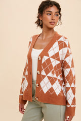 Camel Argyle Button Front Cardigan