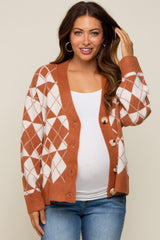 Camel Argyle Button Front Maternity Cardigan