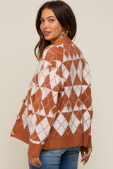 Camel Argyle Button Front Maternity Cardigan