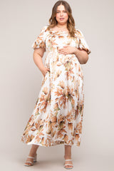 Cream Floral Satin Puff Sleeve Maternity Plus Maxi Dress