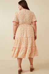 Peach Floral Tiered Plus Midi Dress