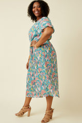 Teal Floral Pleated Plus Size Midi Dress