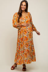 Orange Floral 3/4 Sleeve Maternity Midi Dress