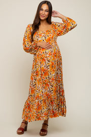 Orange Floral 3/4 Sleeve Maternity Midi Dress