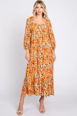 Orange Floral 3/4 Sleeve Maternity Midi Dress