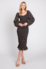 Black Floral Smocked Fitted Long Sleeve Maternity Midi Dress