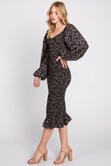 Black Floral Smocked Fitted Long Sleeve Midi Dress