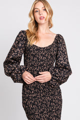 Black Floral Smocked Fitted Long Sleeve Midi Dress