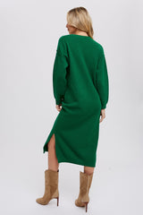 Hunter Green Waffle Knit Button Long Sleeve Midi Dress