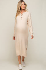 Cream Waffle Knit Button Long Sleeve Maternity Midi Dress