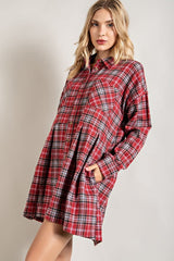 Burgundy Plaid Button Front Long Sleeve Dress