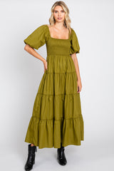 Light Olive Square Neck Smocked Puff Short Sleeve Tiered Maternity Midi Dress