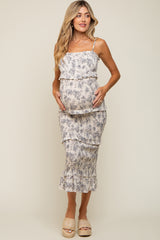 Cream Floral Smocked Fitted Maternity Midi Dress