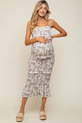Cream Floral Smocked Fitted Maternity Midi Dress