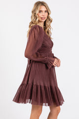 Plum Pleated Knotted Long Sleeve Dress