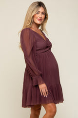 Purple Pleated Knotted Long Sleeve Maternity Dress