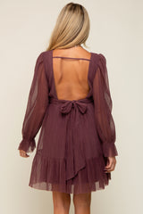 Purple Pleated Knotted Long Sleeve Maternity Dress