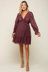 Purple Pleated Knotted Long Sleeve Maternity Dress