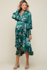 Green Satin Asymmetrical Flounce Trim Maternity Midi Dress