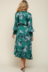 Green Satin Asymmetrical Flounce Trim Maternity Midi Dress