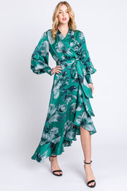 Green Satin Asymmetrical Flounce Trim Midi Dress