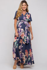 Navy Floral Wrap V-Neck Maternity Maxi Dress