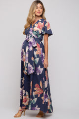 Navy Floral Wrap V-Neck Maternity Maxi Dress